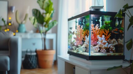 A modern fish tank with colorful coral and a variety of fish is sitting on a white table in a living room.