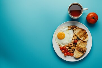 Wall Mural - A Sunny Side Up Breakfast With Toast, Beans, and Tomatoes on a Turquoise Tabletop