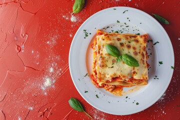 Wall Mural - A Single Serving of Lasagna, Ready to Enjoy on a Red Tabletop