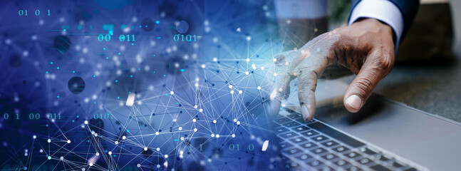 Hand Interacting with Laptop Keyboard Against a Backdrop of Digital Network Connections and Binary Code