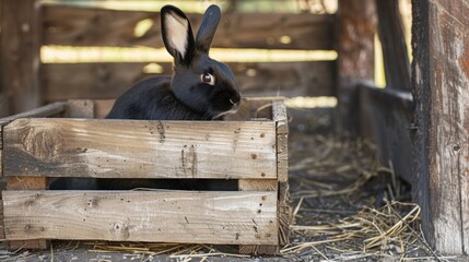 Wall Mural - A black rabbit sits in a wooden crate, looking to the right. The crate is made of rough wood and has straw on the ground around it.