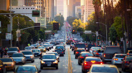 Canvas Print - A snapshot of a busy city street filled with vehicles during rush hour, framed by tall buildings and the distant glow of the setting sun.