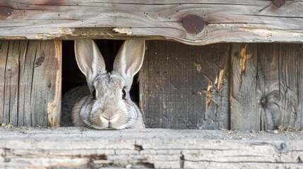 Wall Mural - A gray rabbit peeks out from a small opening in a wooden structure. Its eyes are focused on the camera, and its whiskers are visible.