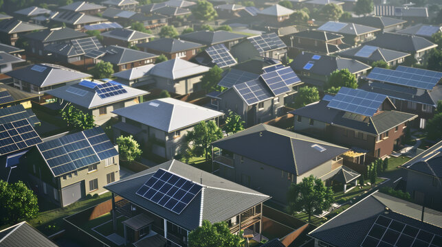 Aerial view of a suburban neighborhood featuring modern homes with solar panels on the rooftops, emphasizing sustainable living.