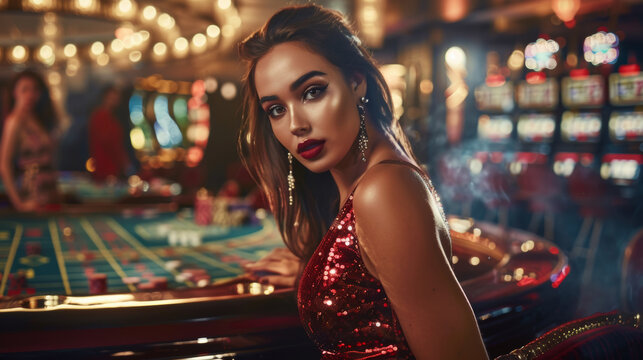 A dazzling woman in a sequined red dress gazes sharply at the camera, surrounded by the lively and glamorous ambiance of a casino.