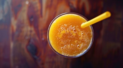 Wall Mural - Fresh fruit juice with a straw viewed from above