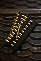 Wall Mural - Cartridges for a carbine. Ammunition for rifled weapons. Dark lattice back