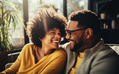 Happy smiling african young couple hugging, cheerful woman and man sitting on sofa at home together