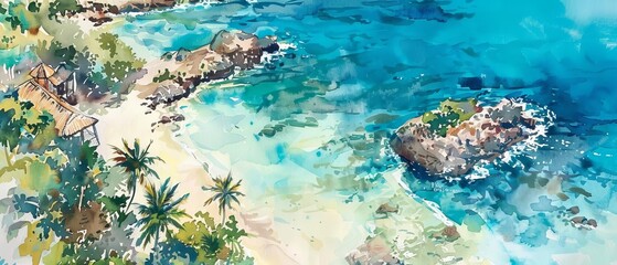 Wall Mural - Capture an aerial view of a stunning coastal welcome, showcasing vibrant, exotic flora and inviting azure waters in watercolor,