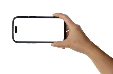 Hands holding smartphone isolated on transparent background - PNG format.