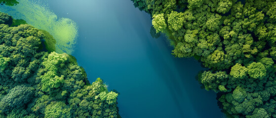 Top-down view of a lush green forest surrounding calm blue waters, highlighting the untouched beauty of nature's intersecting landscapes.