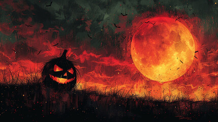 Wall Mural - Halloween background with Halloween pumpkin lantern spooky full moon night