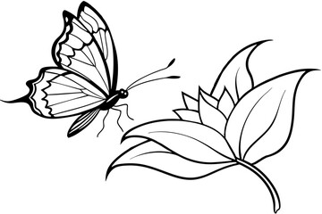 Canvas Print - butterfly flies on a flower outline vector illustration