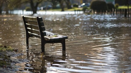 Wall Mural - a submerged park bench surrounded by rippling water during a king tide.