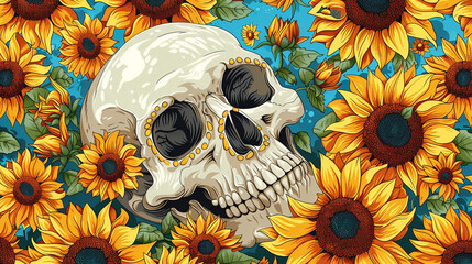 Wall Mural - skull and sunflowers Halloween concept psychedelics style