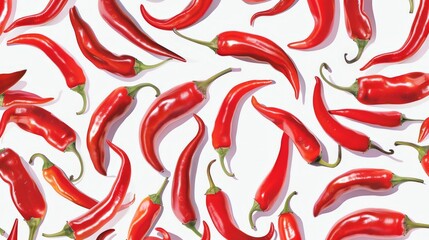 Wall Mural - Wallpaper design featuring a seamless pattern of red chili peppers on a white background perfect for spice-themed decor