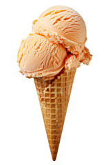 Wall Mural - Close-up of a delicious orange ice cream scoop on a waffle cone, isolated on white background, transparent background