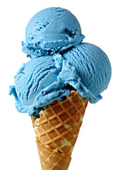 Wall Mural - Delicious blue ice cream scoops in a waffle cone against a white background, transparent background