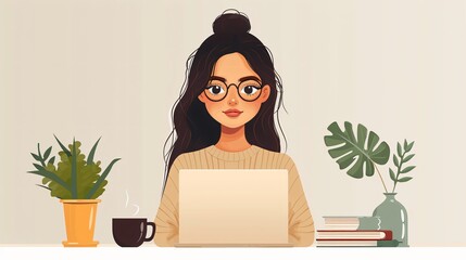 Illustration of a beautiful woman sitting at the table, in front of a laptop and with a cup of coffee next to her