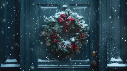 Poster - Christmas wreath on a snow-covered door.