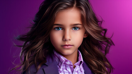 Portrait of a cute happy Hispanic Latino boy child with long hair and perfect skin, purple background, banner. Advertising of teenage cosmetics, hair care products, medicines, perfumes, cosmetology