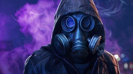 Fictional cyberpunk character in a leather hoodie and gas mask at night. Concept Cyberpunk, Fictional Character, Leather Hoodie, Gas Mask, Night Scene