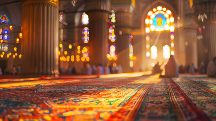 A group of muslims are praying in mosque with colorful stained glass windows