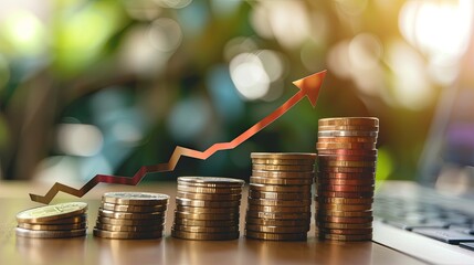 Stack of Coins with Upward Arrow Symbolizing Financial Growth and Prosperity in a Business Setting. Capturing the Essence of Investment Opportunities and Financial Success.