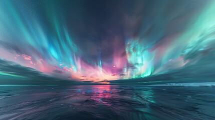 Wall Mural - A panoramic view of the Northern Lights dancing across the polar sky.