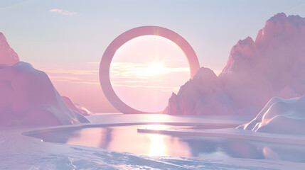 Canvas Print - 3d white and pastel colour landscape with rounded figure and moon shape features in outdoor enviornment