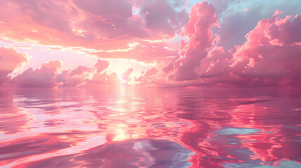 3d surreal pink fantastic view with light and water and hill and cloud