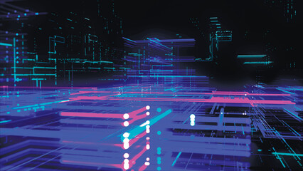 Wall Mural - Abstract digital technology tunnel. Abstract futuristic sci-fi tunnel with particles and lines mesh. Connection and connections concept. Big data. 3D vector illustration.