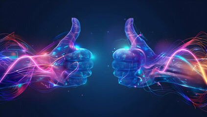 Two hands with thumbs up in futuristic style on dark blue background, glowing lines and waves of energy flowing between them, creating an atmosphere of success or partying