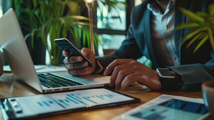 Businessman working on laptop, using mobile phone at modern office,analyzing business. Generative Ai