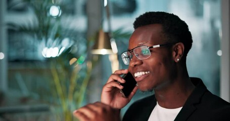 Canvas Print - Black man, business and night with phone call for proposal, online advice or discussion at office. Young African, accountant or financial advisor talking late on mobile smartphone for budget or help