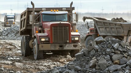 Wall Mural - Large dump trucks hauling massive piles of crushed stone and gravel to be used as a base for the foundation.