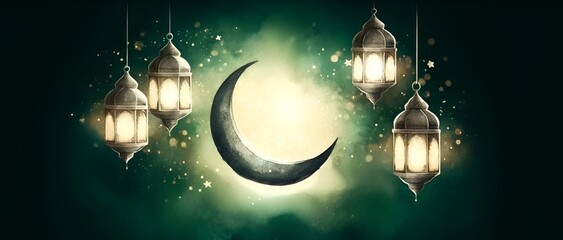 Watercolor illustration for Islamic New Year with crescent moon and hanging lanterns.