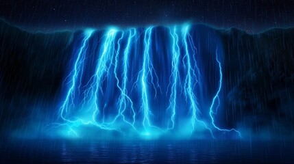 Canvas Print - An image featuring a cascade of blue lightning bolts resembling a waterfall, pouring down against a dark, starless night background.