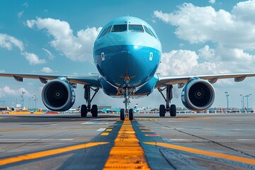 close-up of an airplane in blue tones on the runway by day