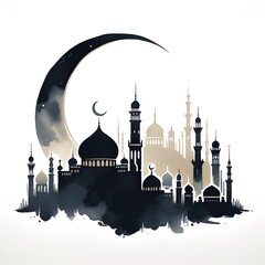 Wall Mural - Watercolor illustration for Islamic New Year with a crescent moon and mosque silhouete.
