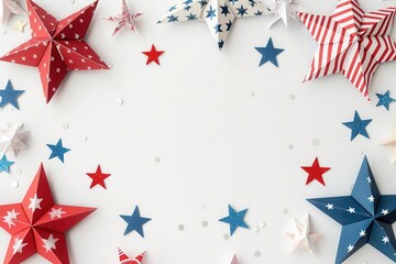 A flat lay of patriotic crafts including paper stars and stripes, on a clean, white background with ample copy space