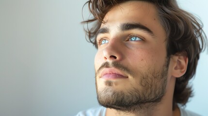 Wall Mural - Closeup of a stylish young man, thoughtful expression, natural light, minimalistic environment, isolated, deep in thought, copy space