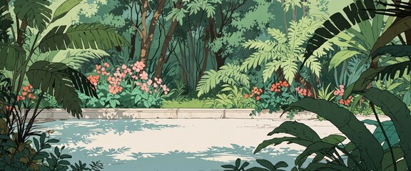Peaceful botanical illustration blending lofi and nature. Anime style