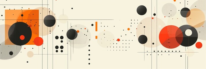 Abstract flat vector shapes, shapes with circles and squares in different colors, with lines and dots, simple geometric forms in an organic composition