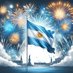 Wall Mural - Watercolor illustration for Argentina Independence Day celebration with fireworks and flag.