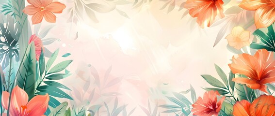 Vibrant Tropical Floral Background with Lush Greenery and Colorful Botanical Elements