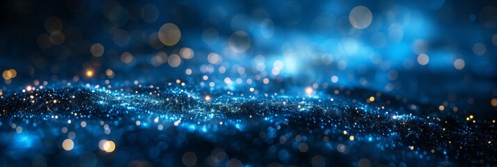 Abstract dark blue background with bokeh lights and particles, dark blue background