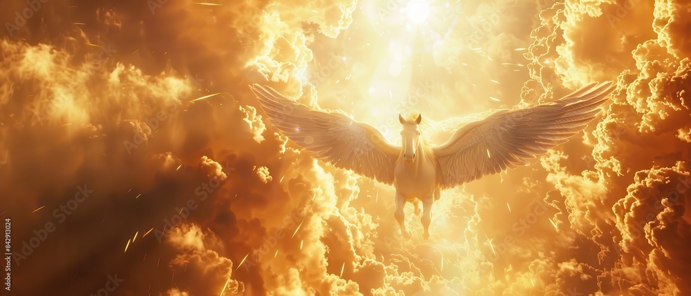 Majestic winged horse flying through vibrant golden clouds, symbolizing ...