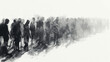 © EnricaDjango - A crowd standing at various depths in 3d space from the camera, centered perspective , white background