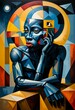 © POLEX - A thoughtful man, Inspired by the art of cubism, a painting depicting the fight against depression and interpersonal relationships in the modern world. African modern abstract art